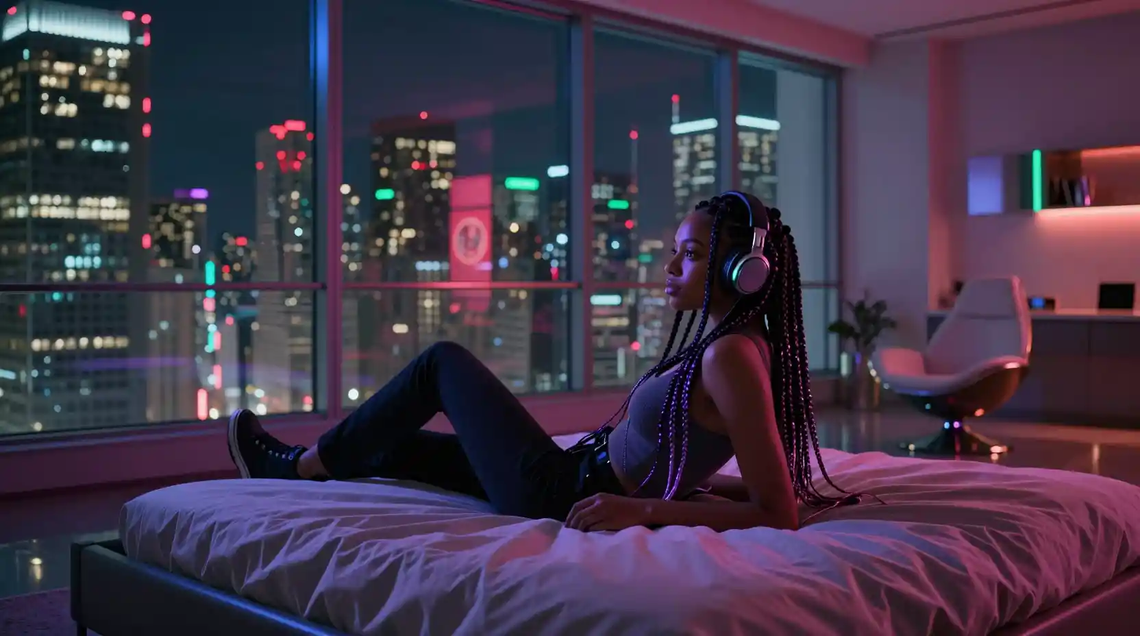 Afrofuturistic woman listening to music in neon city bedroom