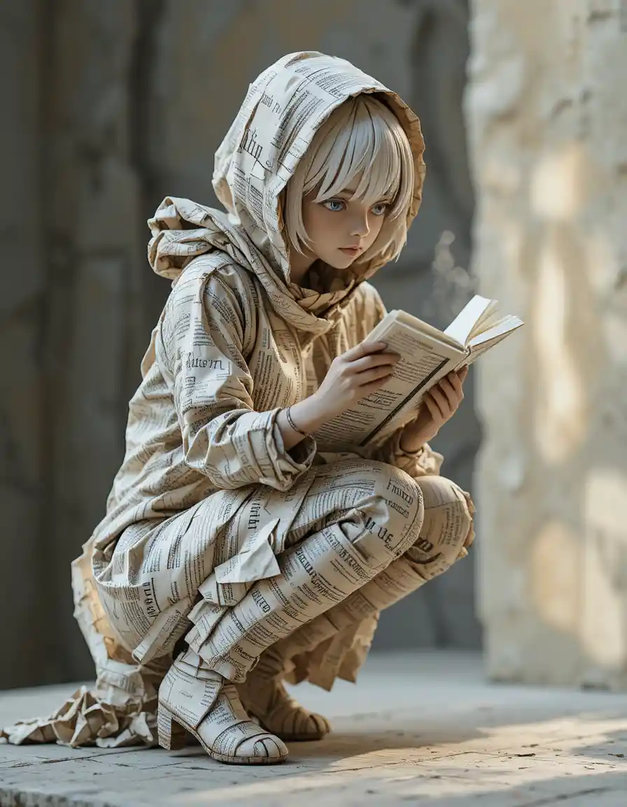 Escultura de menina de papel lendo um livro em luz suave