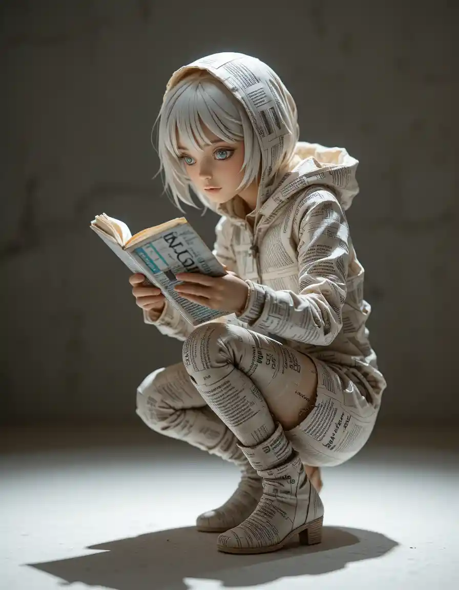 Escultura de papel de menina agachada lendo um livro em silêncio