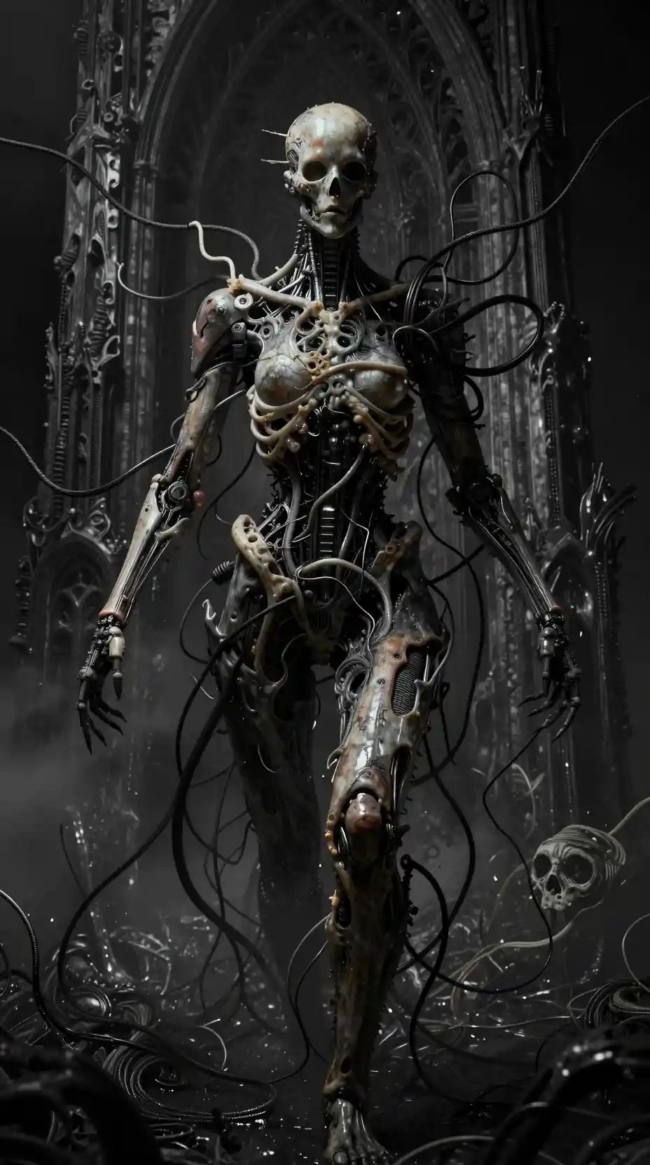 Biomechanical humanoid soul struggling in shadowy surreal space