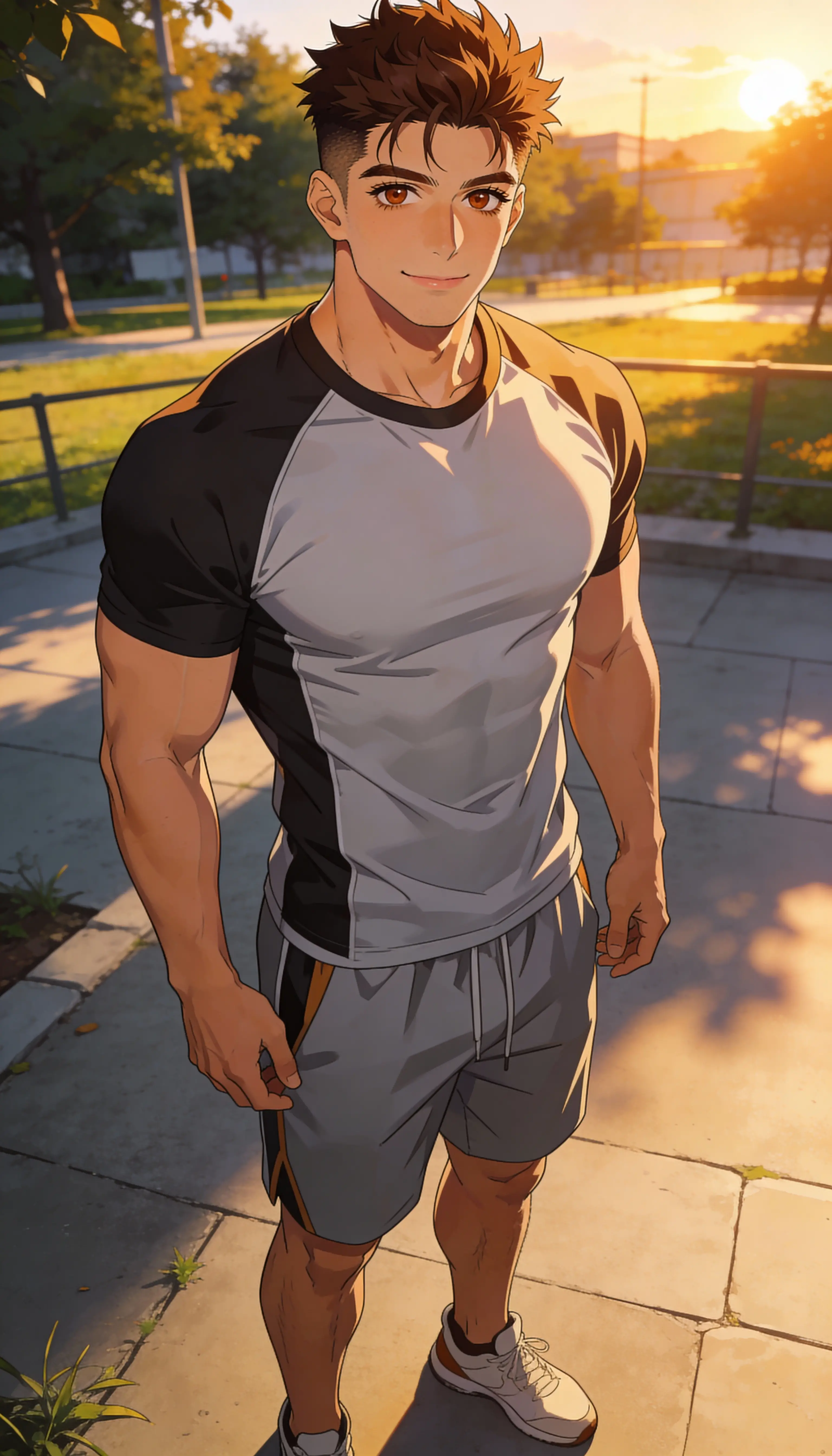 Jovem confiante em estilo anime ao pôr do sol quente