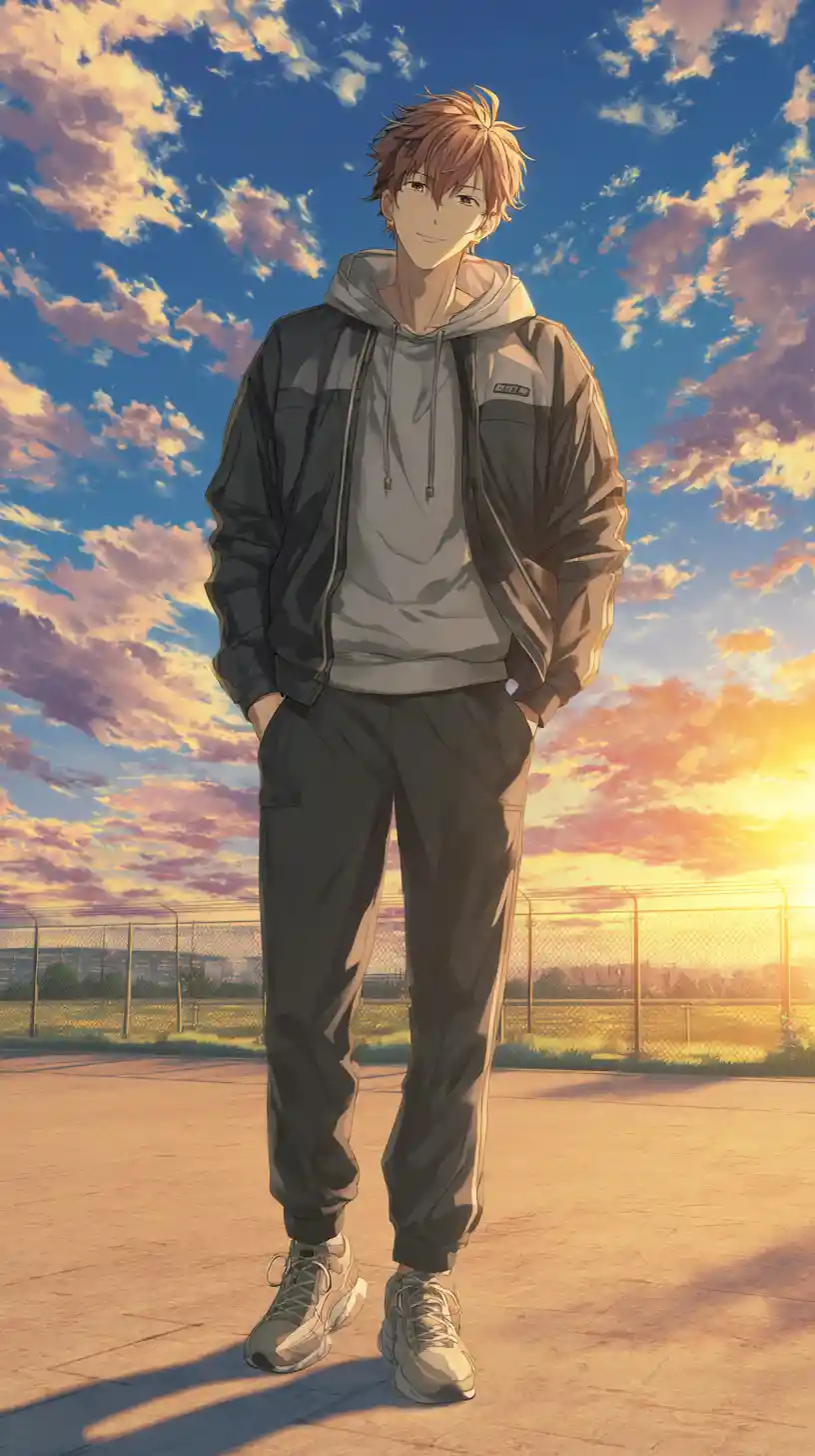 Homem de anime confiante em pé na luz quente do pôr do sol