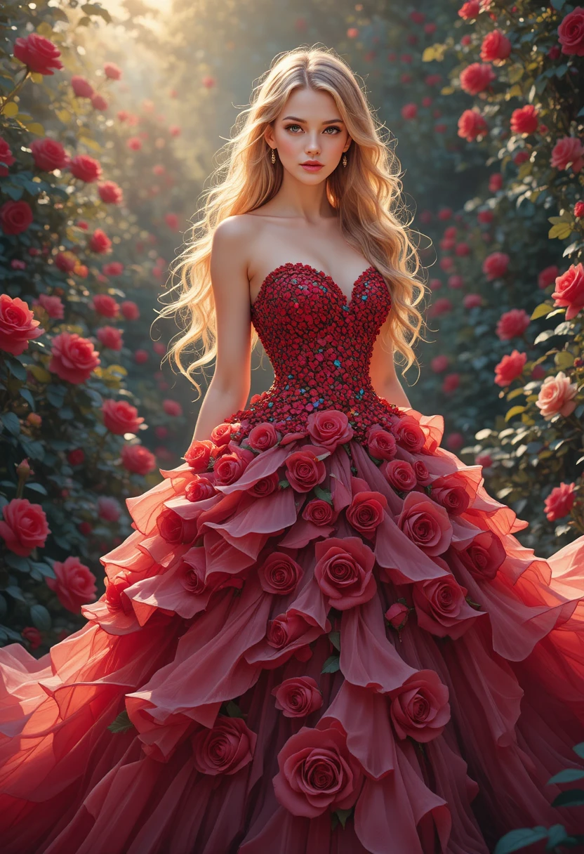 Romantic woman in rose dress standing in lush garden