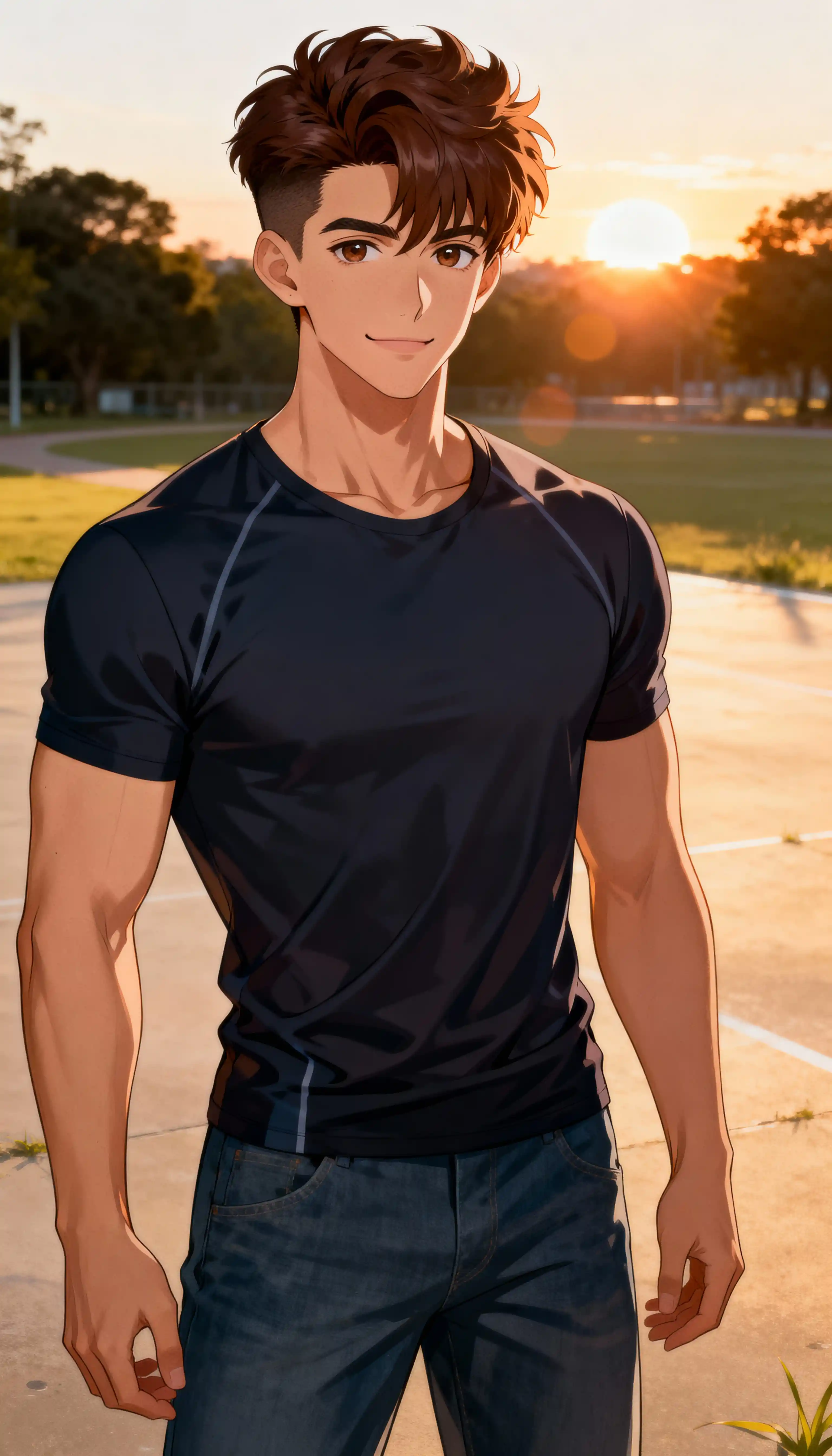 Homem de anime confiante ao pôr do sol em visão de corpo inteiro ao ar livre