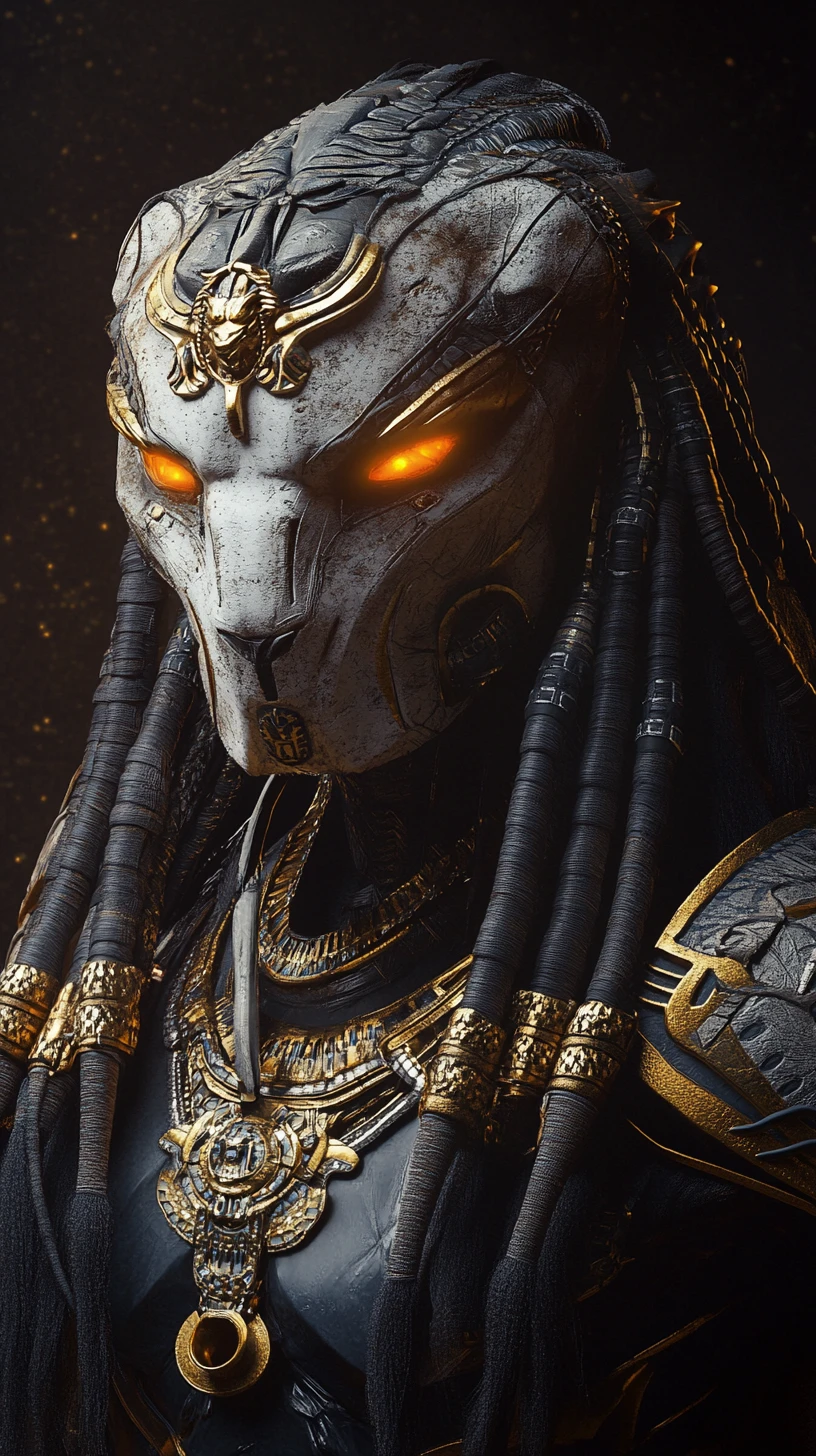 Antiker Sci‑Fi-Pharao-Krieger mit leuchtender Predator-Maske