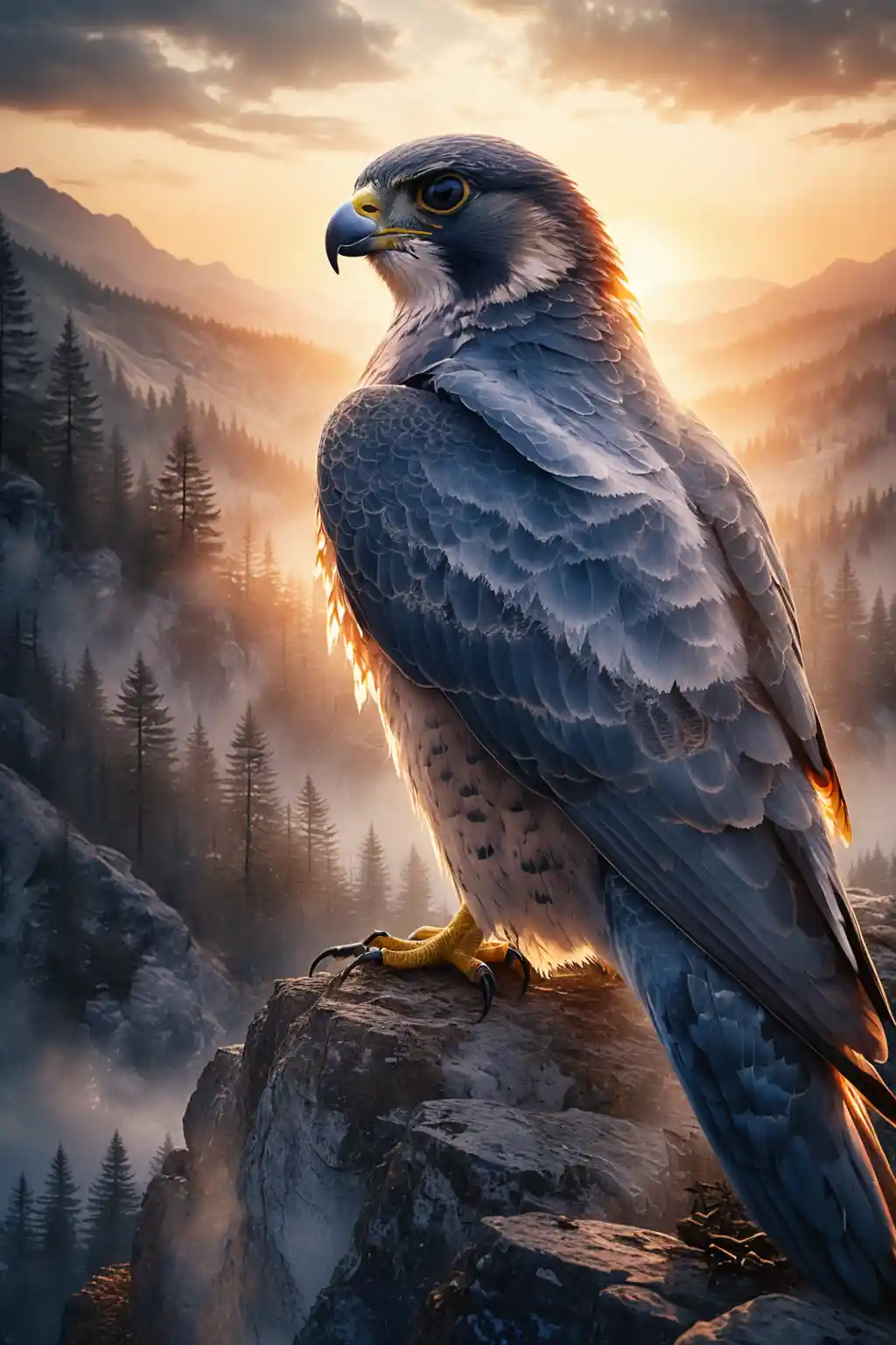 Giant Falcon In Double Exposure Over Misty Mountain Ridges