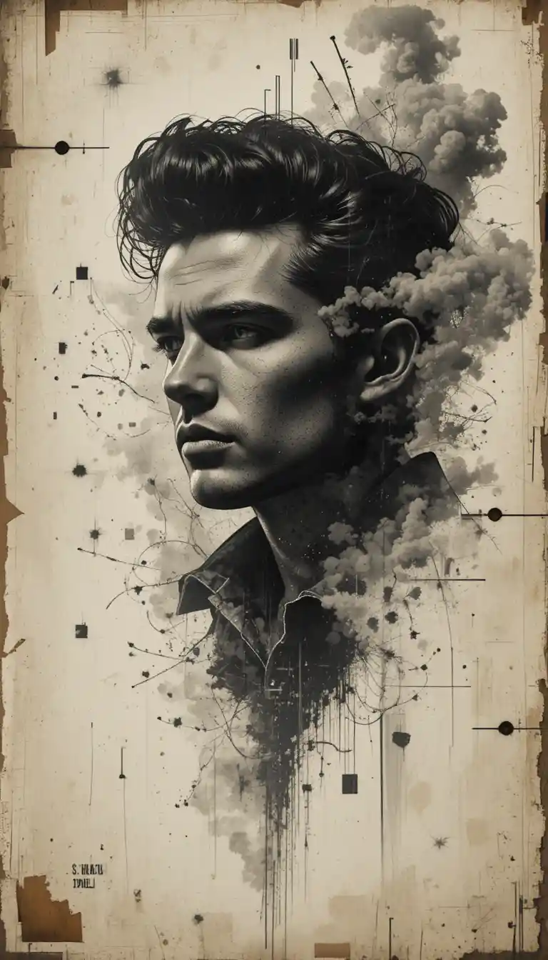 Retrato masculino monocromático fragmentado em estilo de colagem abstrata