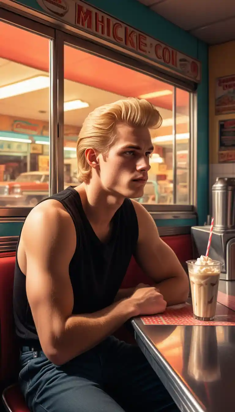 Jovem em Lanchonete Retrô com Milkshake à Noite