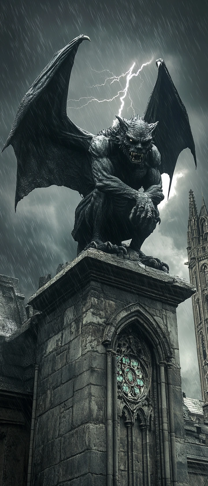 Gárgula em Close em Catedral Gótica em Ruínas à Noite
