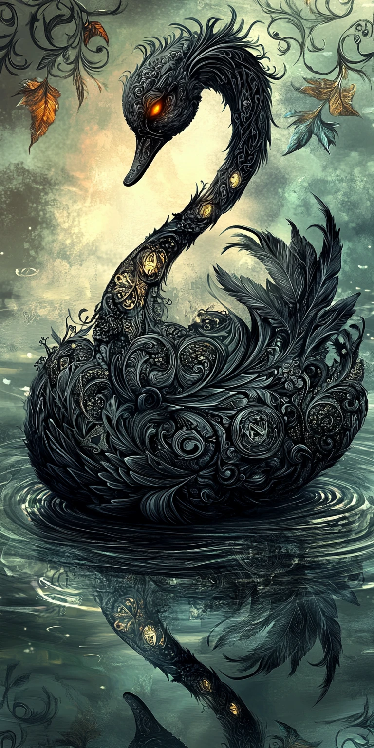 Cygne de fantaisie gothique aux motifs ornementaux sombres et complexes