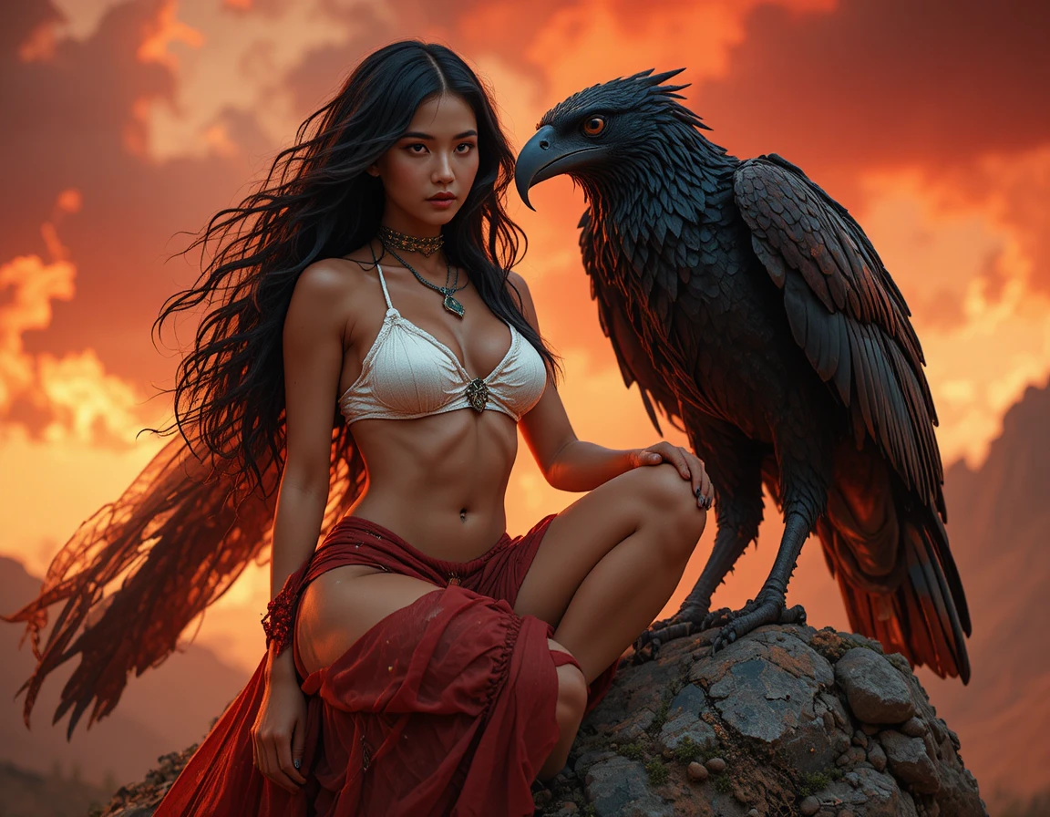火焰奇幻場景中與兇猛巨鳥並立的強悍女人