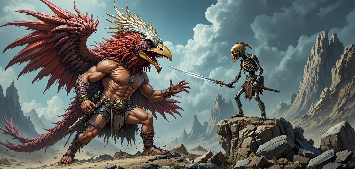 Guerrier fantastique musclé affrontant un gigantesque oiseau rouge à plumes
