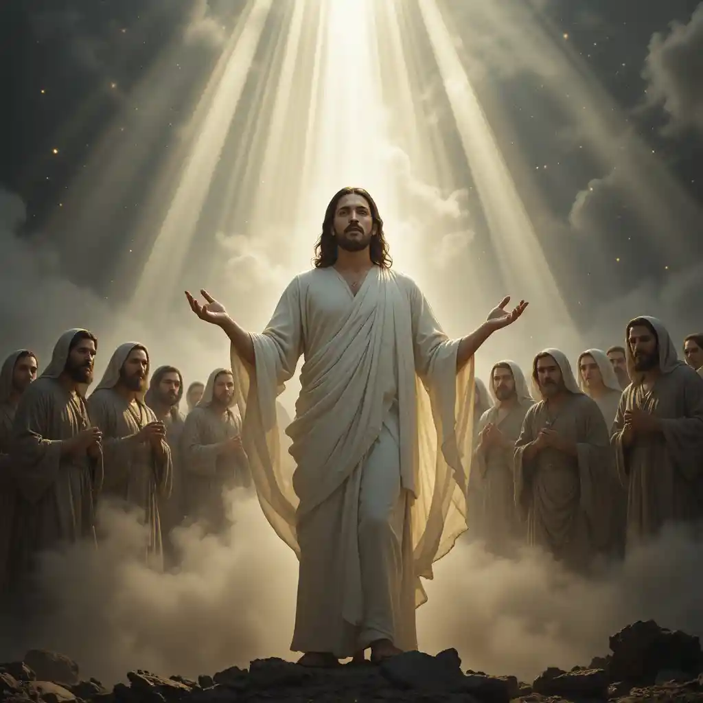 Jésus en robe blanche entouré de fidèles protecteurs