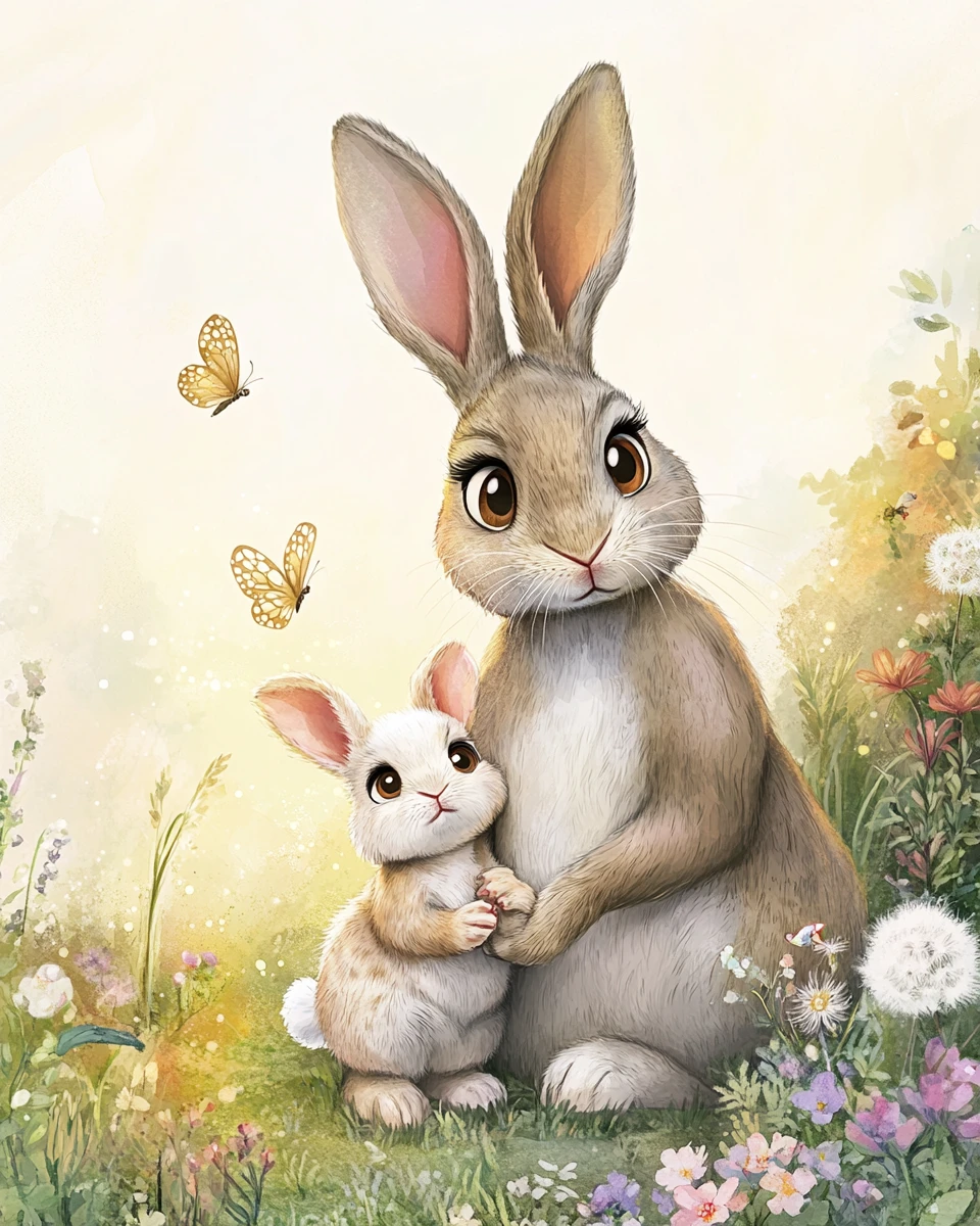 Coelha mãe e coelhinho em um prado suave em aquarela