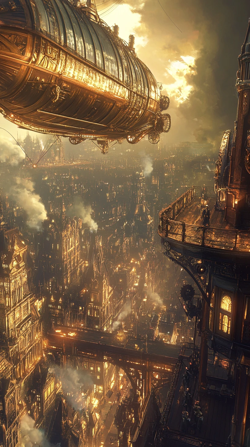 Steampunk-Luftschiff überblickt eine leuchtende viktorianische Metropole