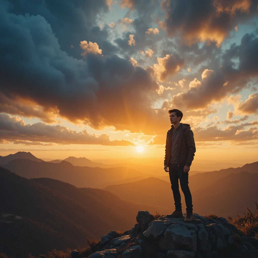 Homem confiante em uma montanha ao nascer do sol na luz dourada