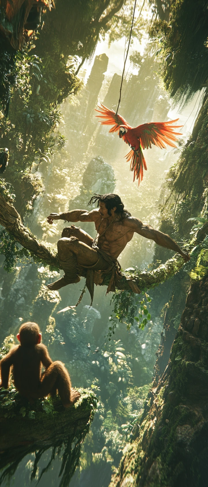 Tarzan balançando em um cipó através de uma selva dramática