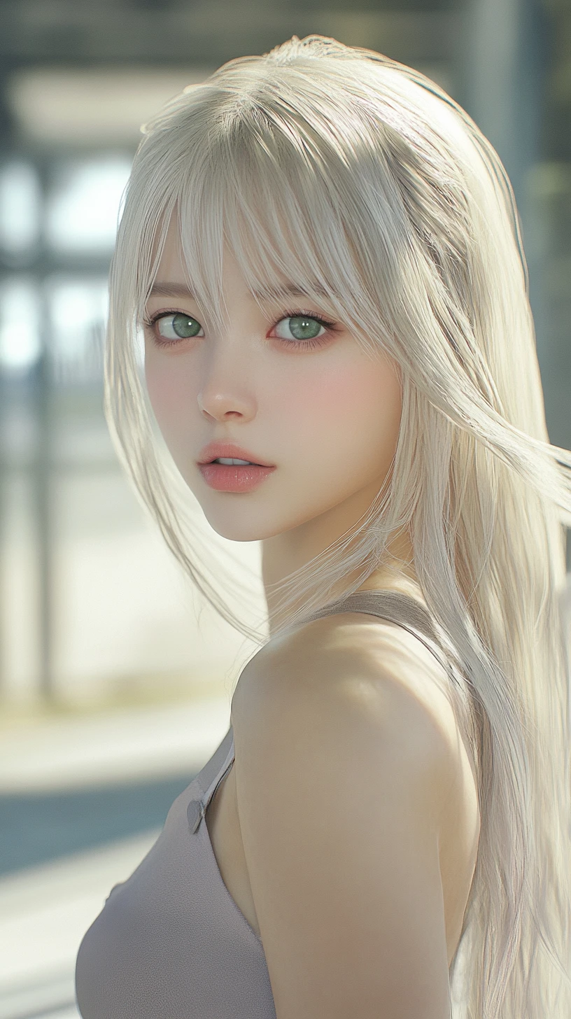 Anime woman in k pop fashion standing in sunny outdoor scene