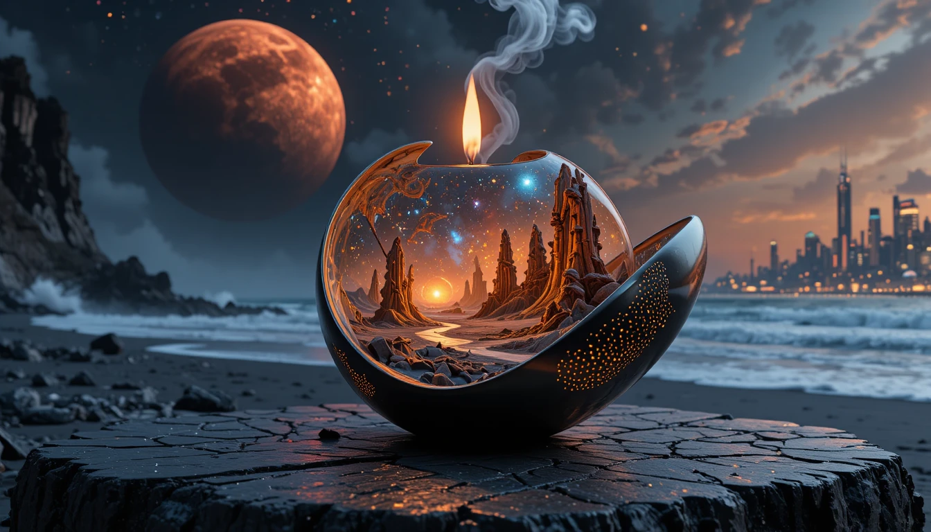 Kerze mit surrealer Galaxie-Wüstenlandschaft