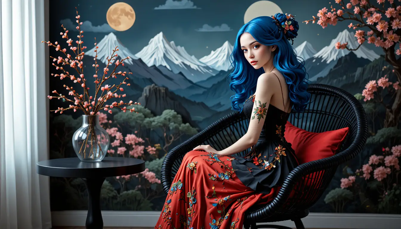 Black wicker chair by side table under moonlit mountain mural