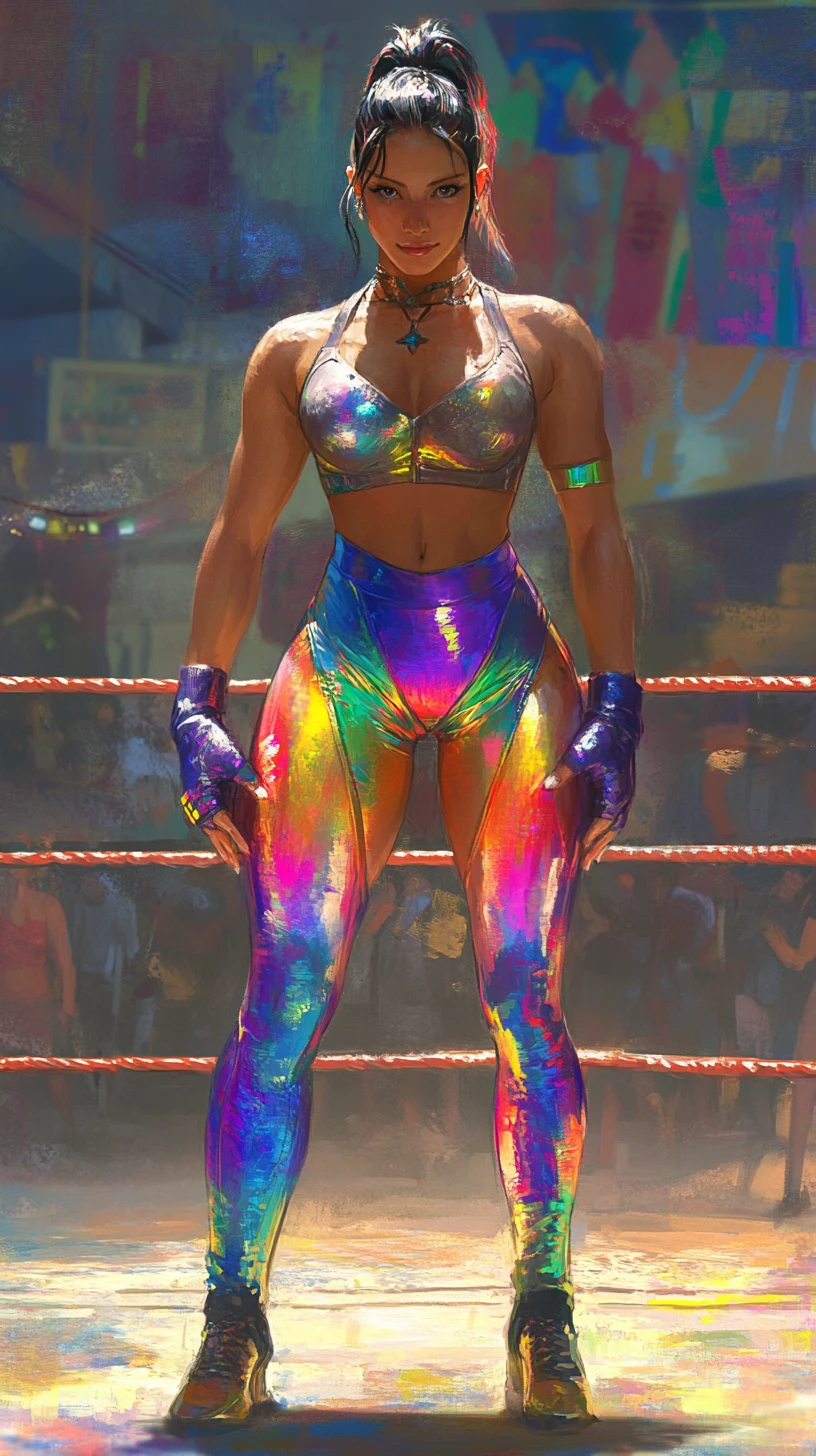 Colorful female wrestler posing in a dynamic fighting stance