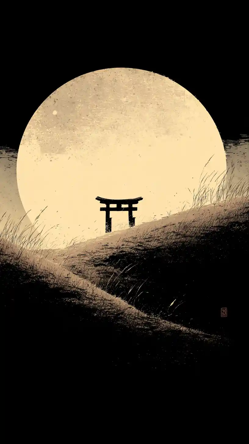 Solitary torii gate beneath a vast pale full moon