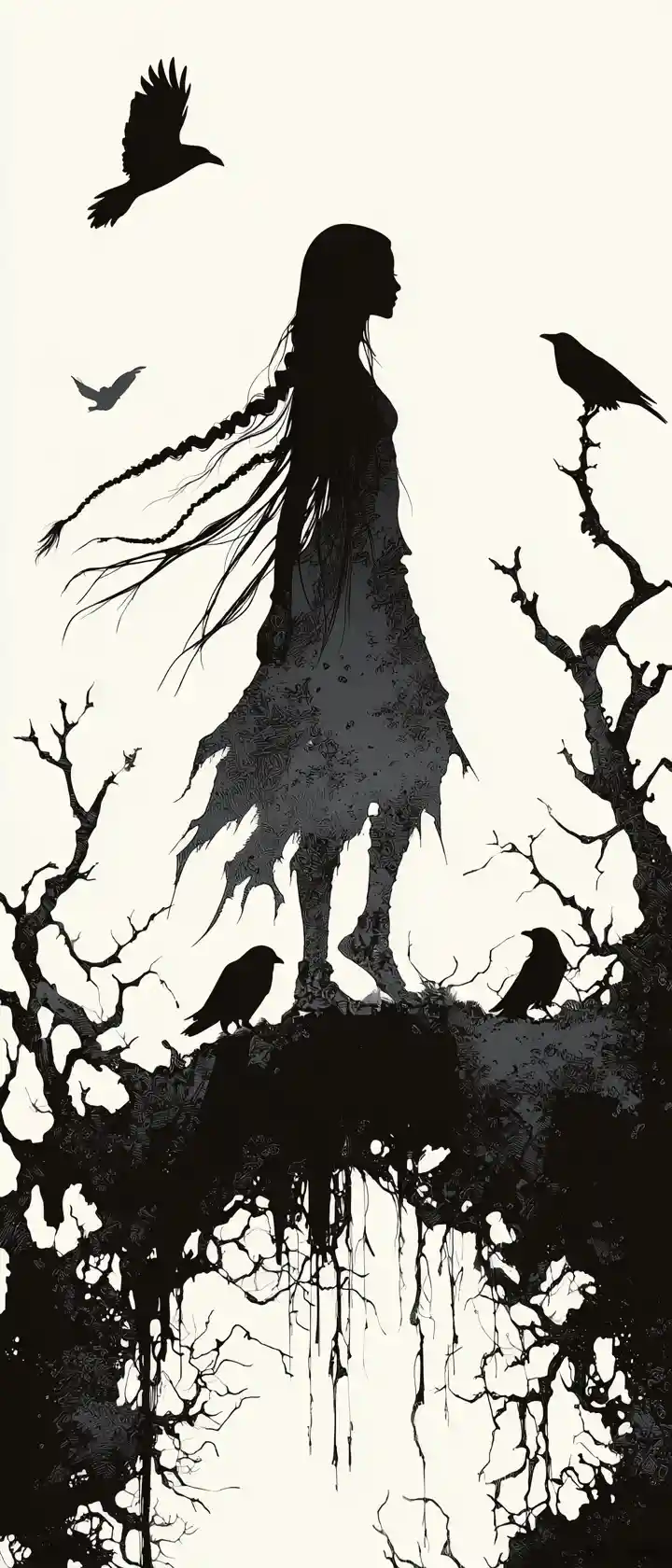 Melancholic girl walking through a moonlit haunted moor