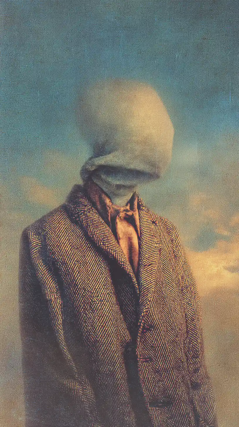 Surreale abstrakte Figur in einer minimalistischen, strukturierten Traumlandschaft