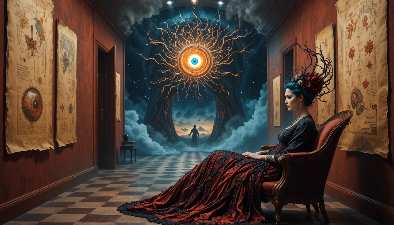 Surreal hallway with checkered floor and distant watching eye
