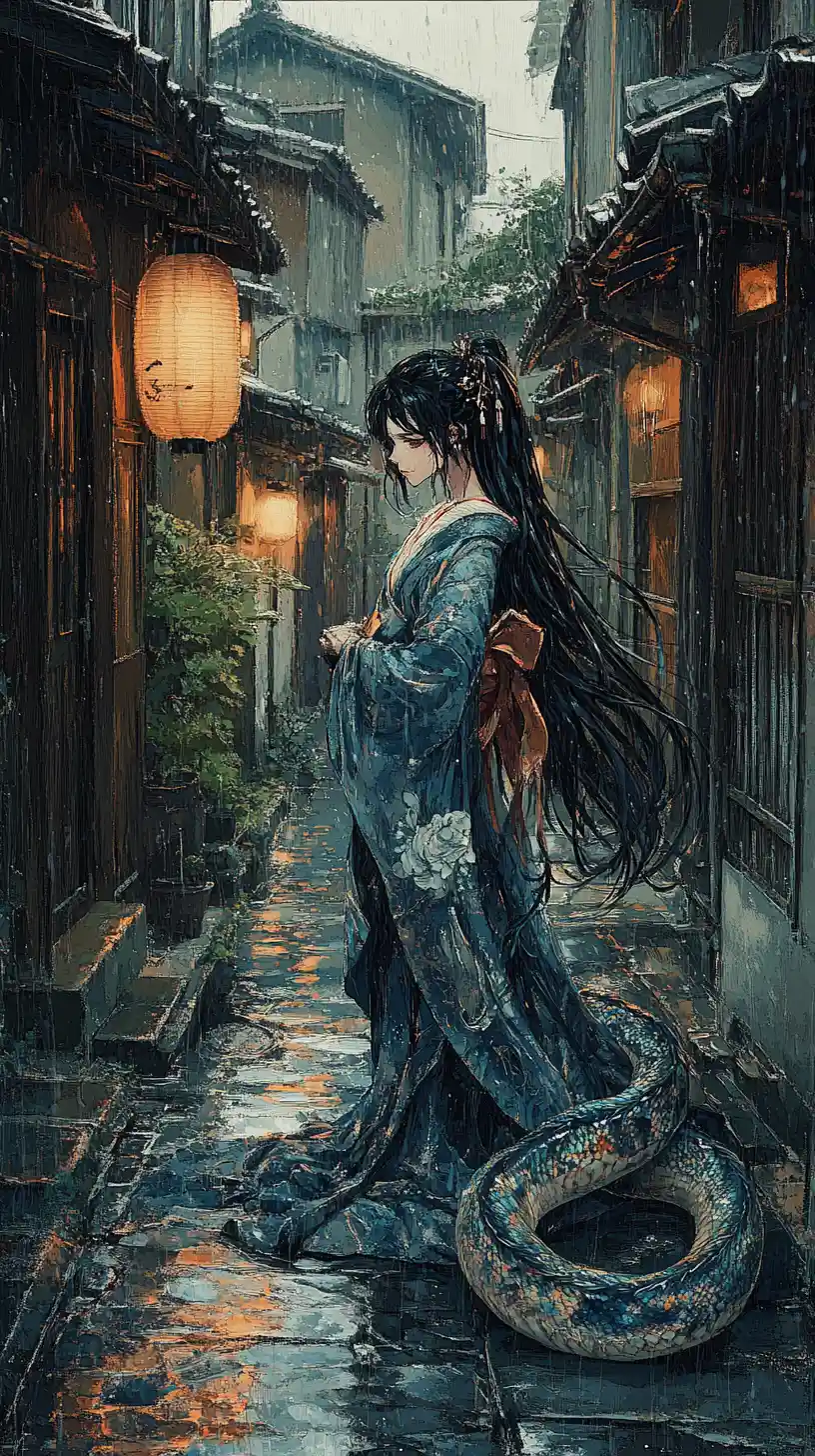 Serpent woman in a rainy lantern lit Japanese alley