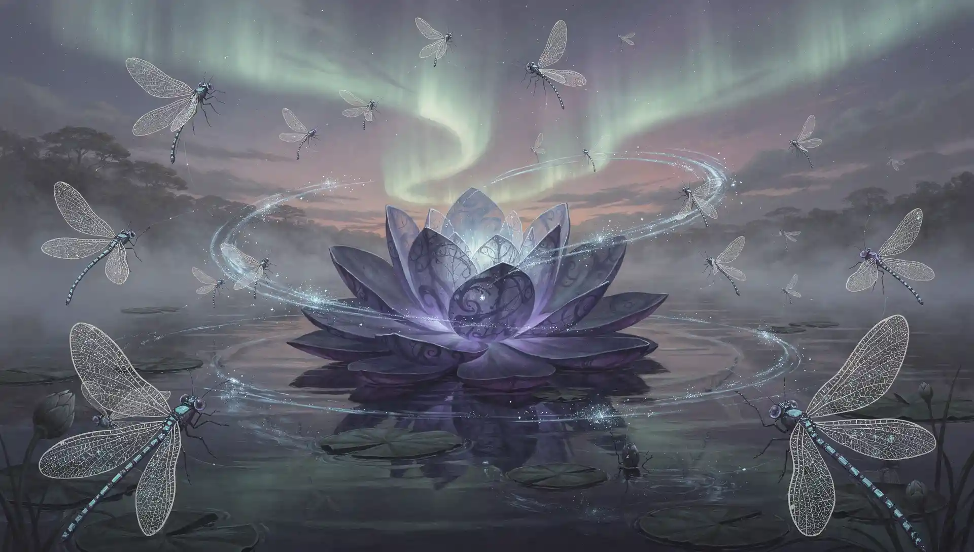 Libellules Bioluminescentes au‑dessus d’un Lagon Brumeux d’Aurores