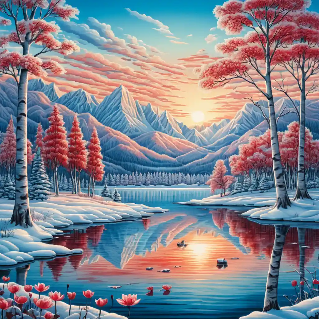 Bouleaux enneigés au lever du soleil au‑dessus d’un lac de montagne