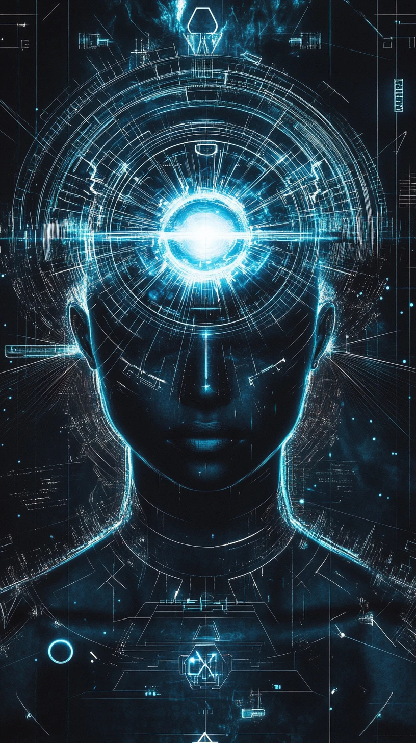 Núcleo de IA sci‑fi kemético com anéis holográficos