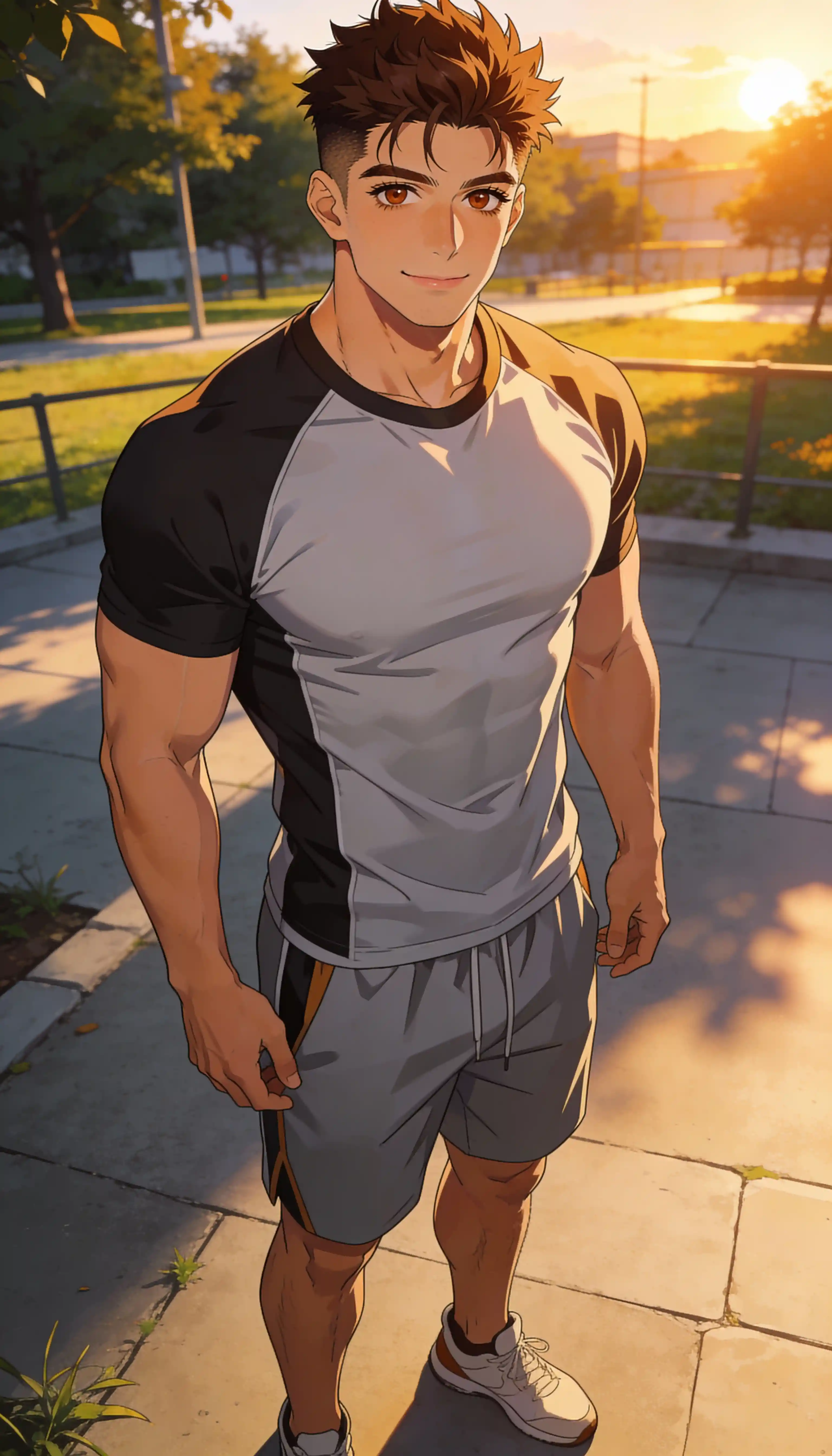 Jeune homme confiant en style anime au coucher de soleil chaleureux