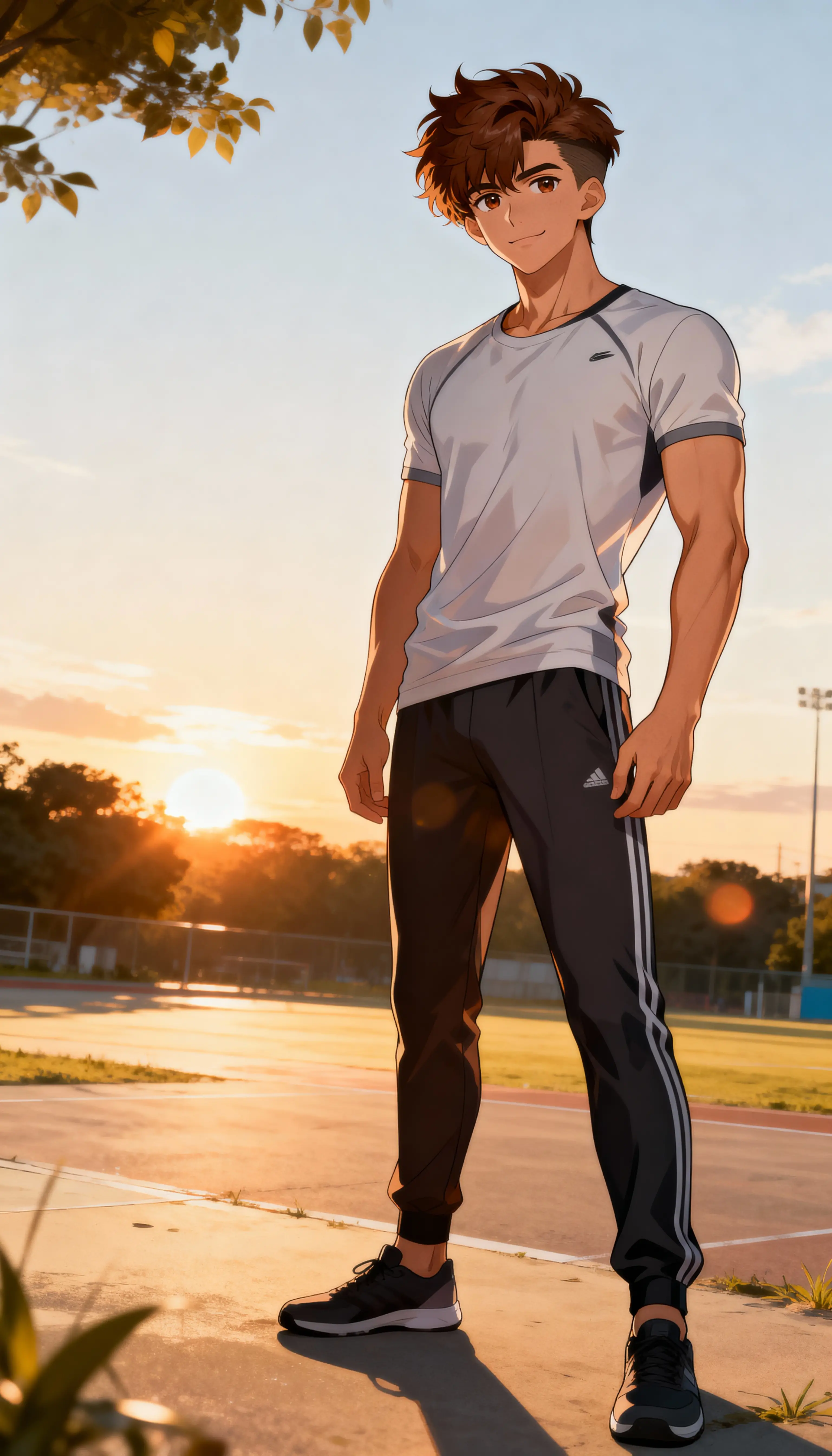 Jovem atlético calmo em estilo anime ao pôr do sol