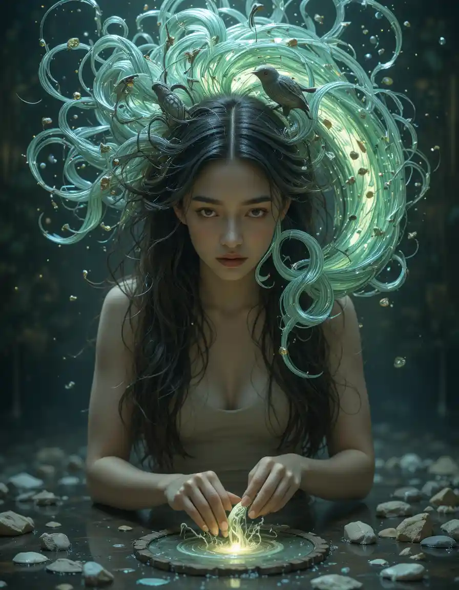 흐르는 시간으로 짜인 폭포처럼 쏟아지는 강물 머리의 여자