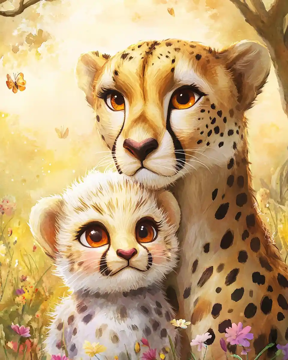 Watercolor cheetah mother and cub in glowing savanna scene
