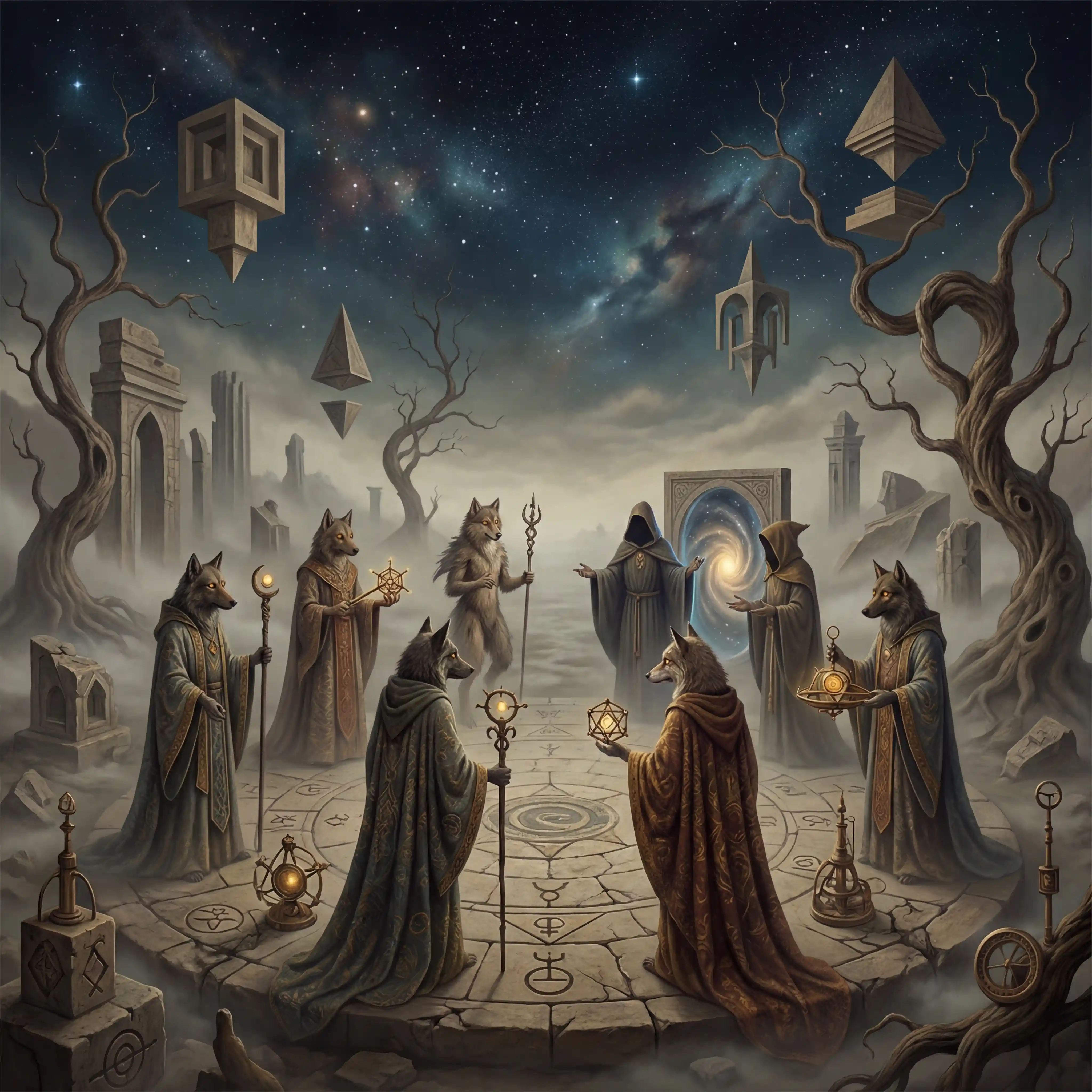 Canine humanoids dancing in a mystical surreal landscape