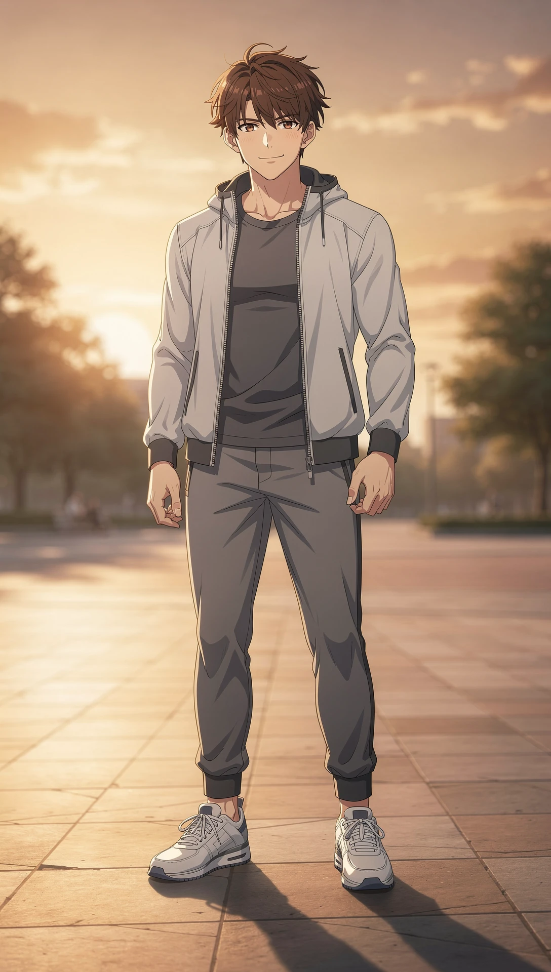 Homem de anime confiante ao pôr do sol em uma cena ensolarada ao ar livre