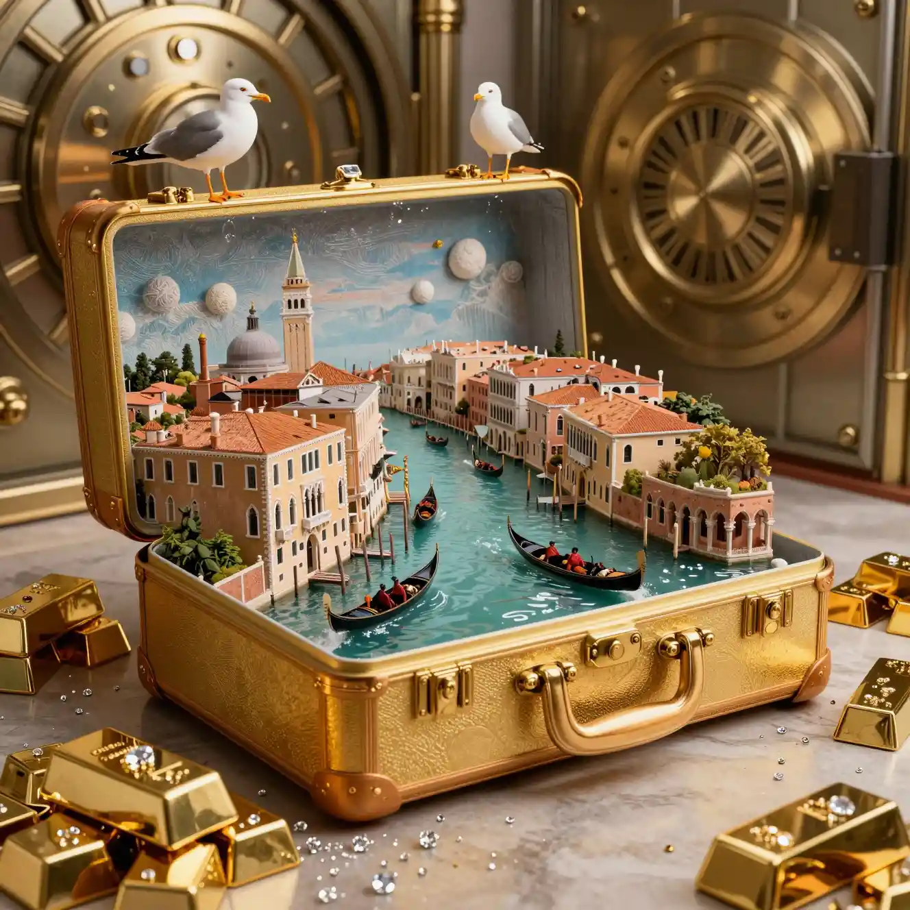 Valigia d’oro con mini Venezia surreale in un caveau bancario
