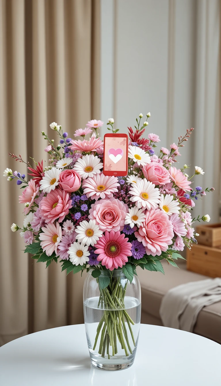 Aquarell-Blumenstrauß in Glasvase auf weißem Tisch