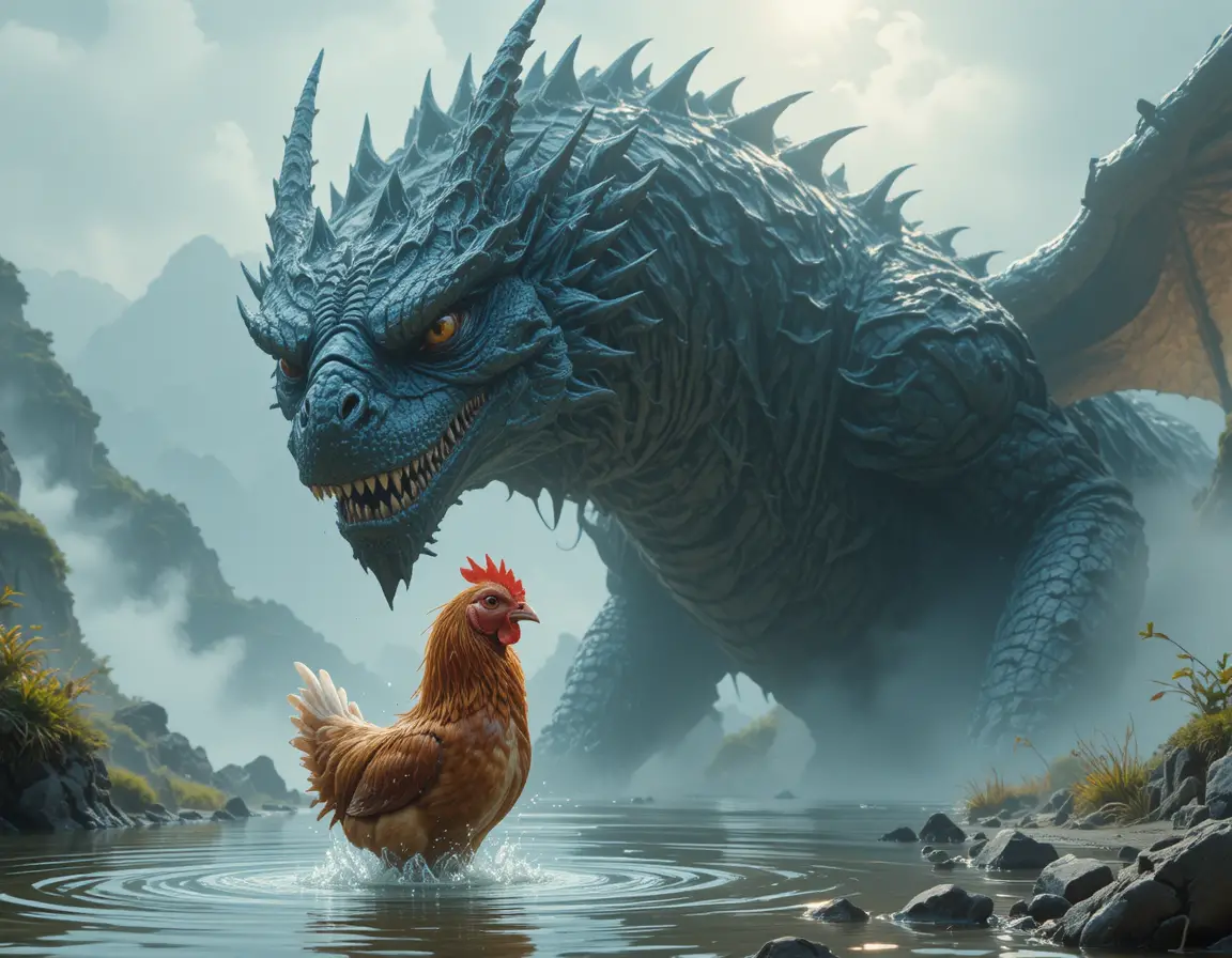 Poule face à un dragon gigantesque dans des eaux lumineuses et brumeuses