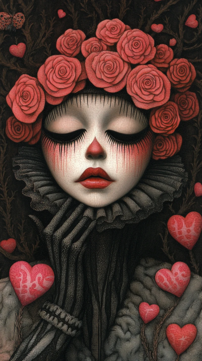 Surrealer französischer Mime in einer dunklen fantastischen Traumlandschaft