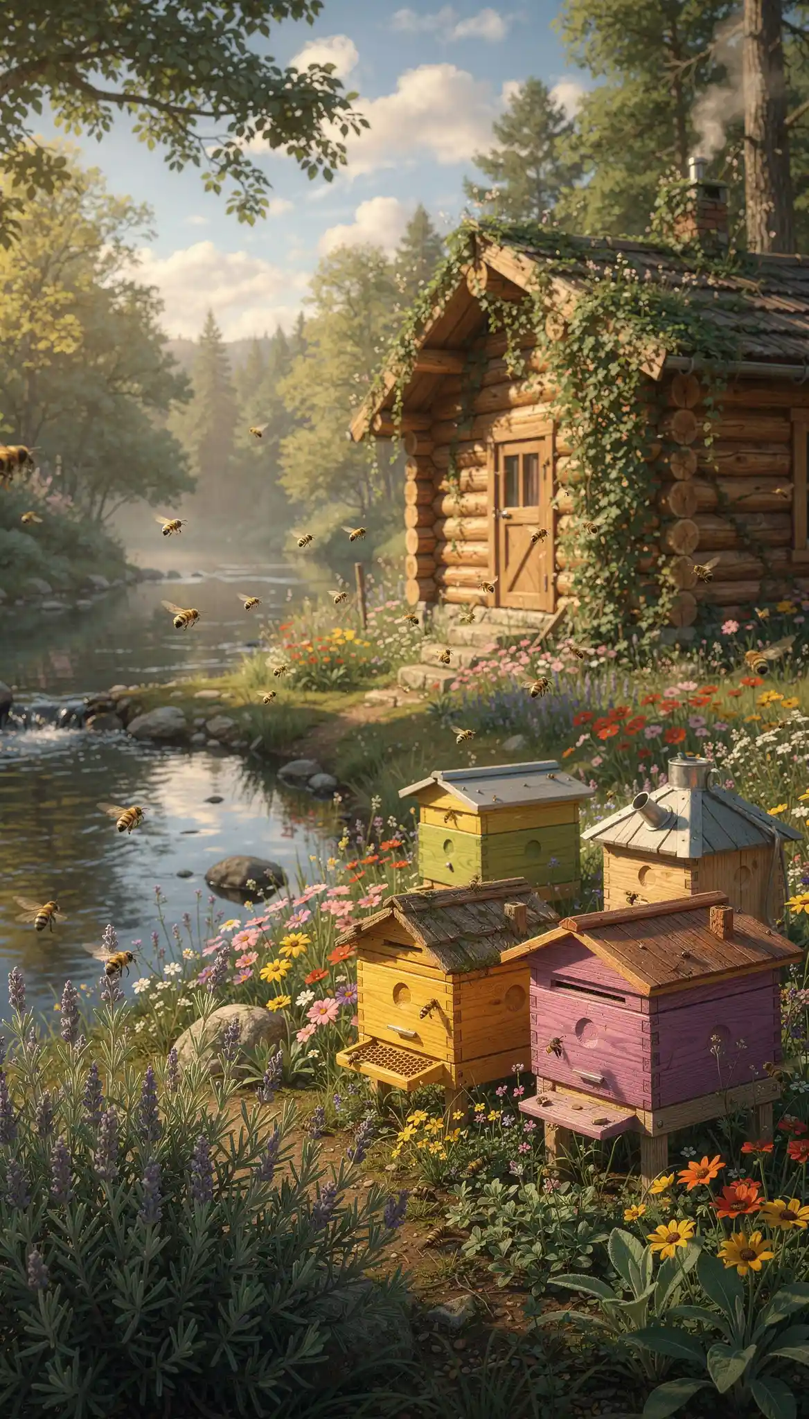 Secluded Log Cabin By River In Lush Flower Garden