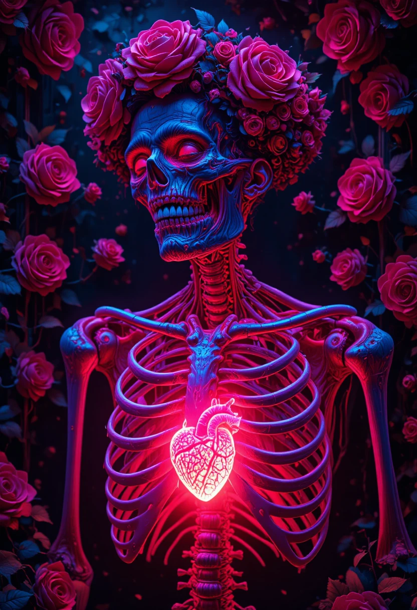 Neon-Zombie mit leuchtendem Herz in surrealer Natur