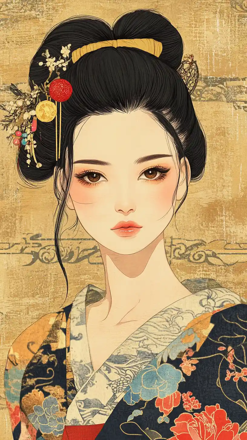 Asian woman in ukiyo e style kimono portrait illustration