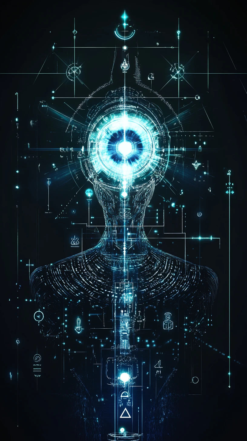 Núcleo de IA sci-fi kemético com anéis de interface holográfica