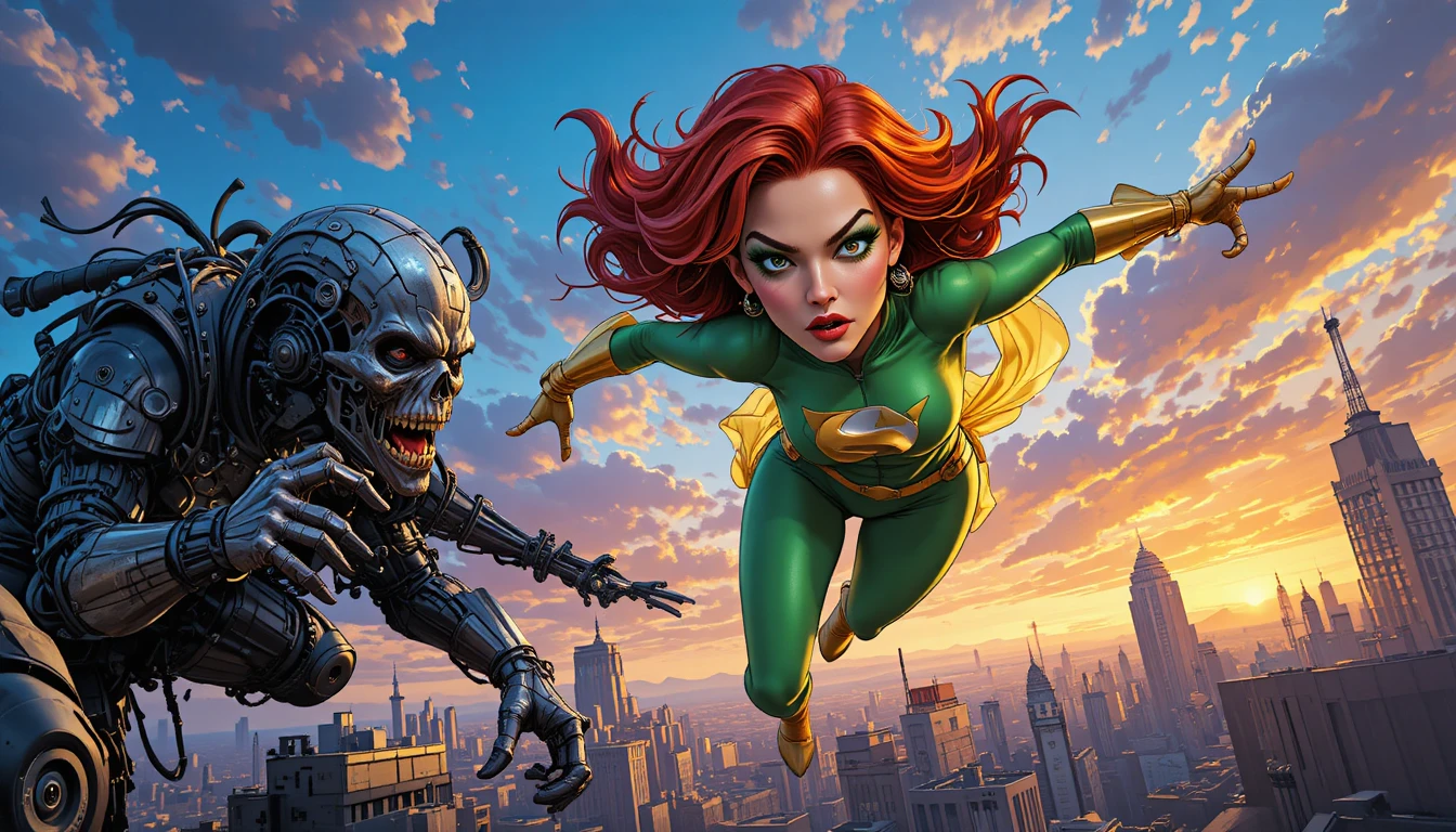 Red haired superhero woman soaring above glowing city skyline