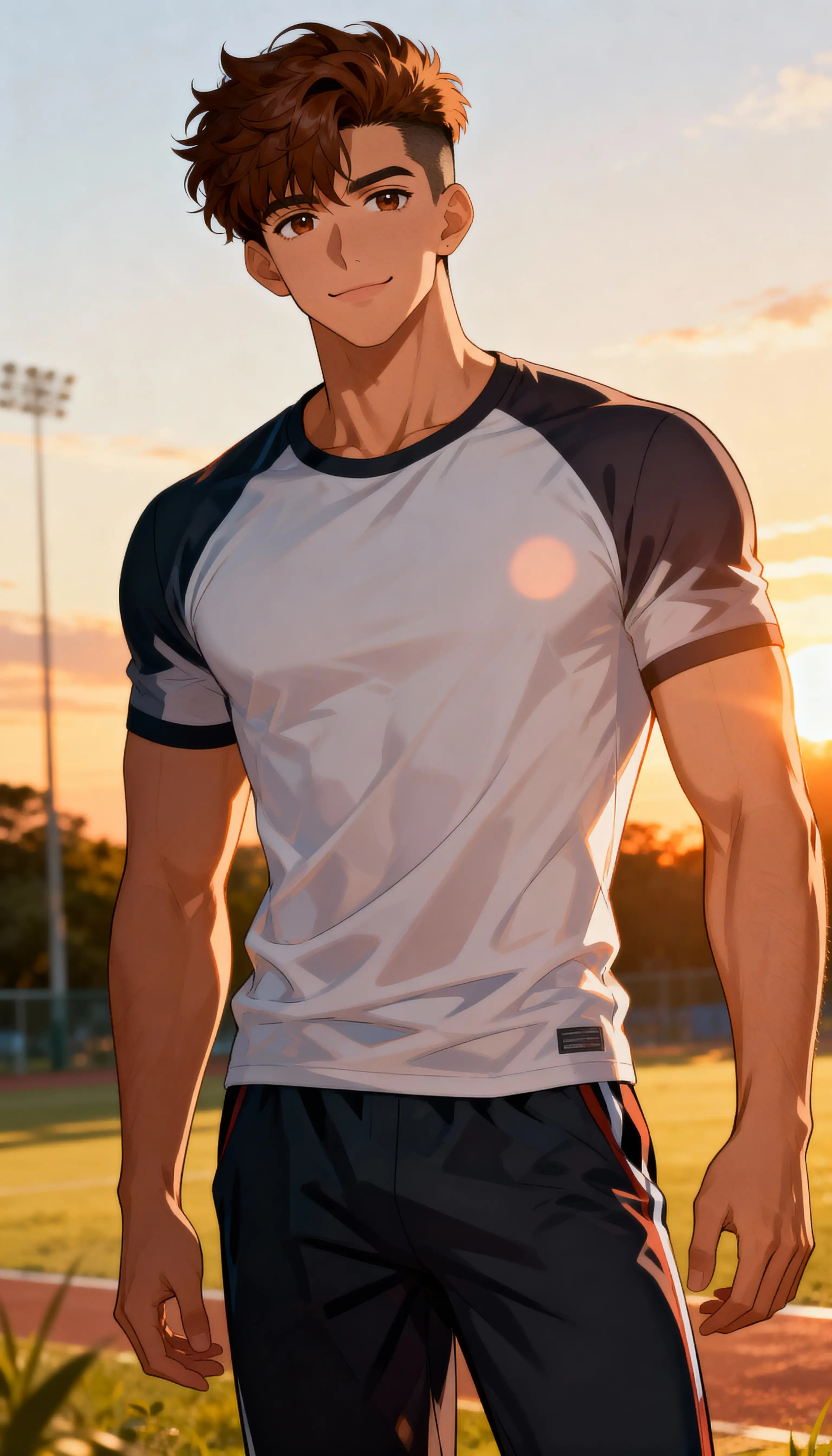 Homem de anime calmo em pé ao ar livre ao pôr do sol quente