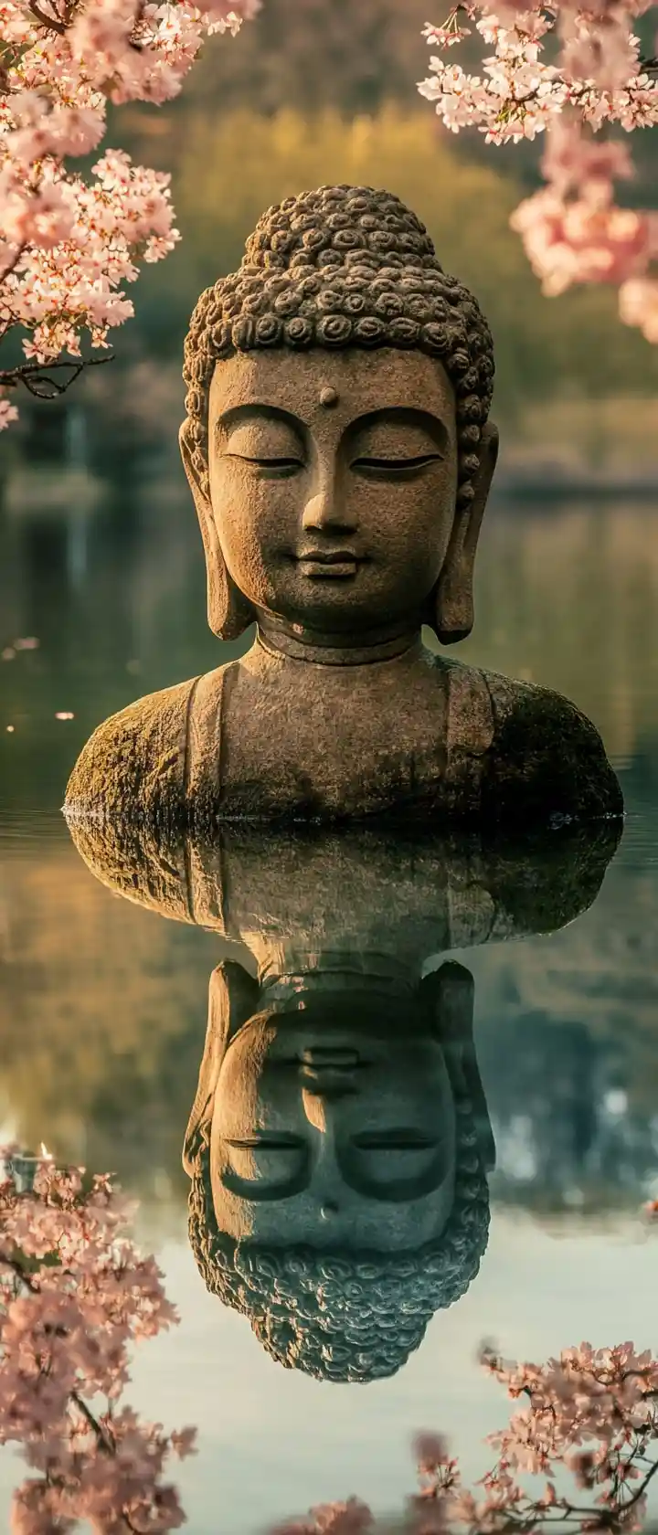Serena Statua Buddhista Riflessa su una Tranquilla Riva del Lago